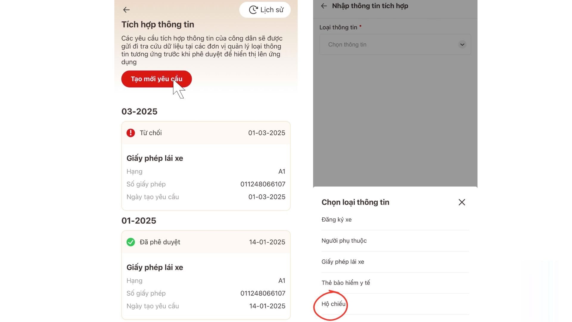 Chọn tạo yêu cầu tích hợp hộ chiếu