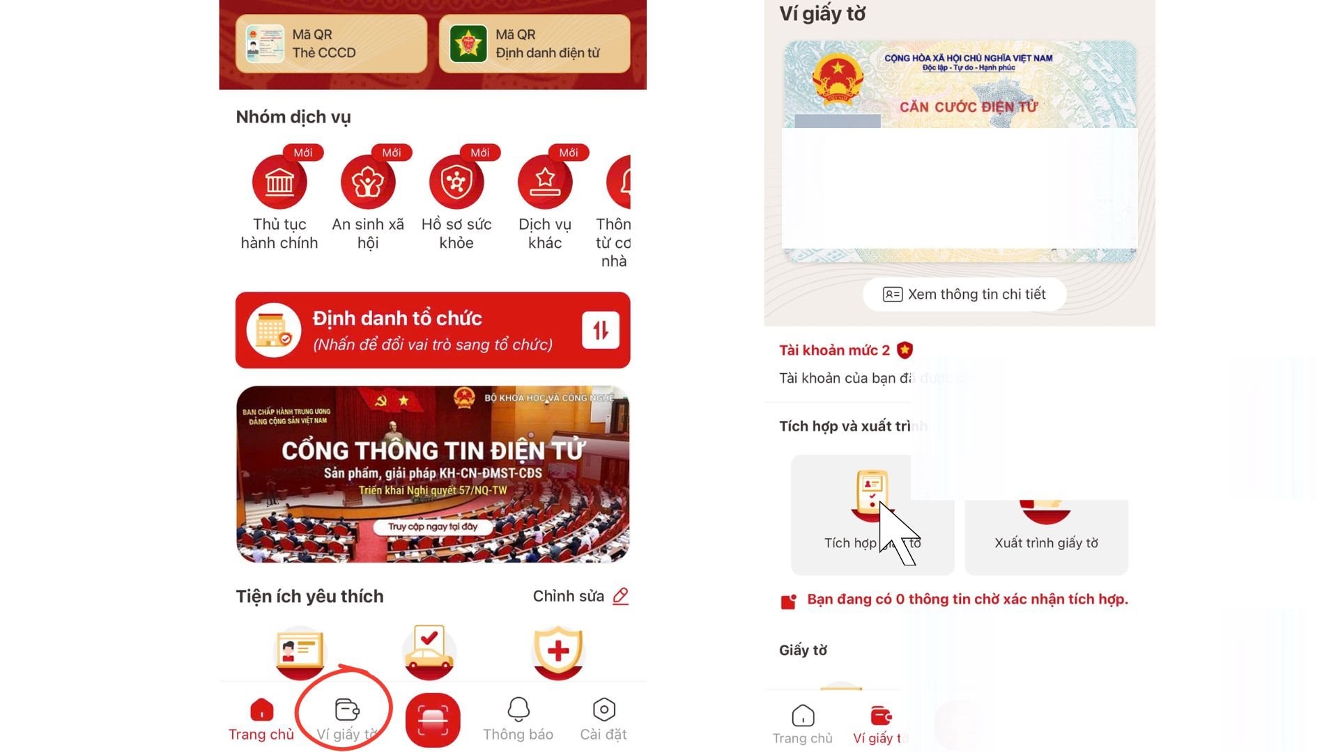 Giao diện tích hợp giấy tờ trên VNeID