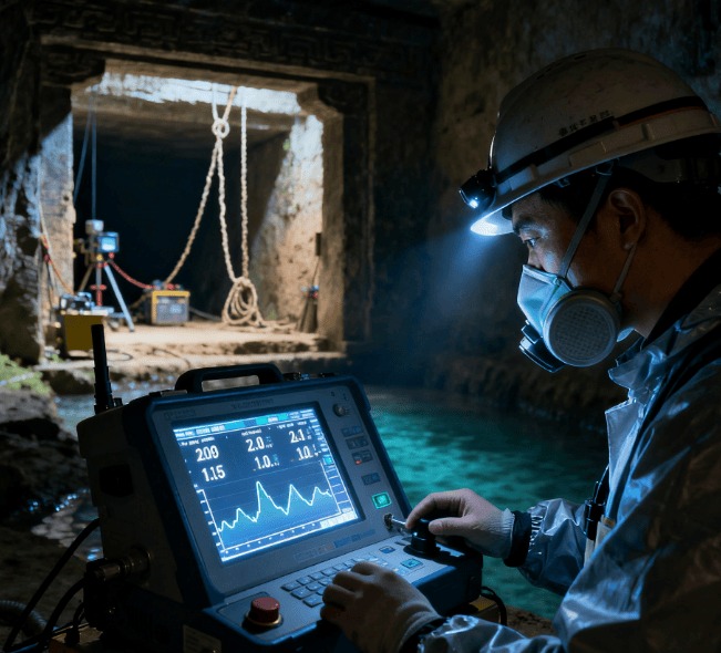 Kỹ thuật đo đạc thủy ngân quanh khu vực lăng mộ